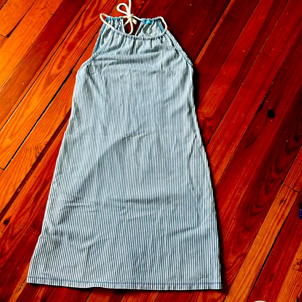 J Mclaughlin blue/white striped cotton halter dress with rope tie. Size M